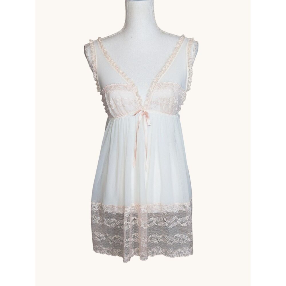 Y2K Victoria's Secret Babydoll Nightie Lingerie Sz L Sheer White Peach Coquette
